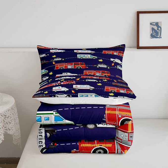 Feelyou Fire Truck Bedding Bed Set Police Car Comforter Set for Kids Boys Girls Teens Decor Engine Ambulance Cute Comforter Emergency Vehicle Blue Soft Quilt Room 3Pcs Queen Size Boys