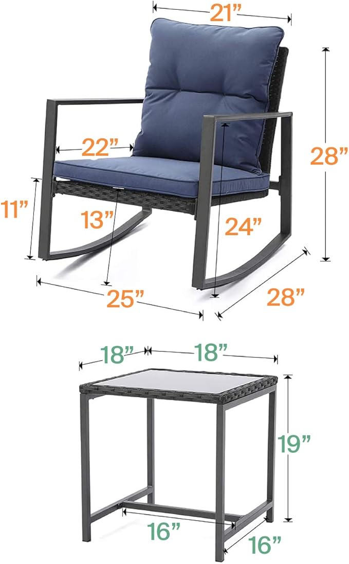 3 Piece Rocking Bistro Set - Synthetic Wicker Outdoor Furniture - Glass Coffee Table with 2 Chairs for Balcony, Patio & Porch - Black Metal, Soft Cushions (Green)