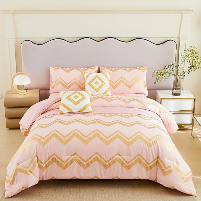 7PCS Rose Gold and Pink Bedding Set,Pink Comforter Set Full Size,Rose Gold Bedding Set Full,Bed in A Bag Full for Teen Girls Women,Bedroom Decoration Full Pink/Rose Gold