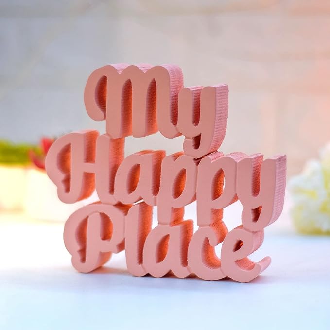 My Happy Place Peach Aesthetic Table Decor - Home, Office Desk, Shelf. Quirky Room Decoration Showpiece, Birthdays, Corporate Gifts, and Inspirational Wall Decor.