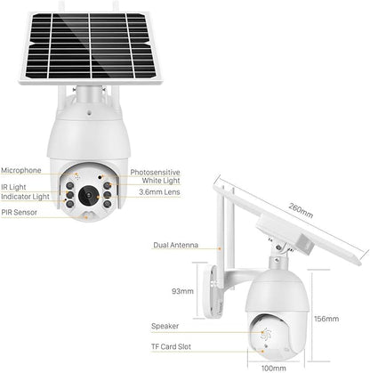 100% Wire-Free Wireless Rechargeable Battery Solar Powered Outdoor 1080P Pan Tilt WiFi Security Camera PIR Motion Recording Two-Way Audio IP65 Weatherproof Night Vision Built-in SD Slot