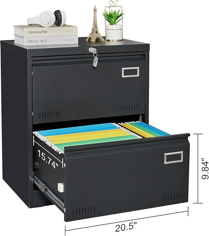 2 Drawer Lateral Lock and Card Holder, Multifunctional Metal Filing Cabinets w/Heavy 3 Section Slide Rail & Breathable Holes,for Legal/Letter/A4,Black