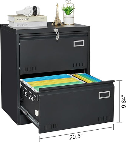 2 Drawer Lateral Lock and Card Holder, Multifunctional Metal Filing Cabinets w/Heavy 3 Section Slide Rail & Breathable Holes,for Legal/Letter/A4,Black