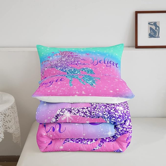 Girls Unicorn Comforter Set Twin,Glitter Gradient Bedding Set For Teens Child,Girly Sequins Magical Horse Duvet Insert For Bedroom Decor,Sparkle Galaxy Starry Sky Down Comforter,Pink Blue Quilt Set