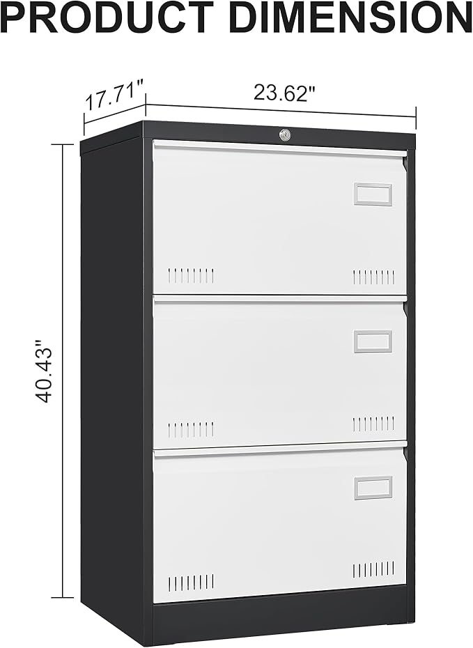 3 Drawer Metal Lateral Lock and Card Holder,Office Vertical Files Storage Cabinets w/Heavy 3 Section Slide Rail & Breathable Holes,for Legal/Letter/A4,Black+White