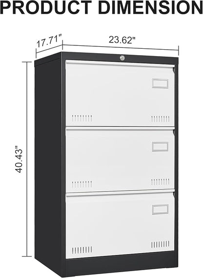 3 Drawer Metal Lateral Lock and Card Holder,Office Vertical Files Storage Cabinets w/Heavy 3 Section Slide Rail & Breathable Holes,for Legal/Letter/A4,Black+White