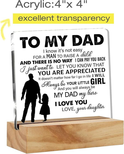 Father Gift Dad Gifts From Daughter, to My Dad My Hero Quote Desk Decor Acrylic Desk Plaque Sign with Wood Stand Home Office Desk Sign Keepsake Present