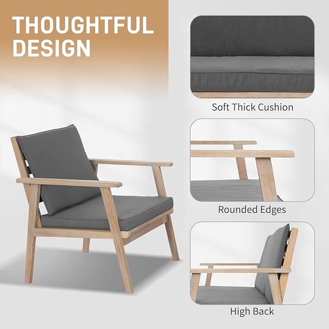 VINGLI Outdoor Patio Furniture, 4 Piece Acacia Wood Sofa Set w/Coffee Table, Patio Table and Chairs Set for Deck, Balcony, Backyard (Light Natural)