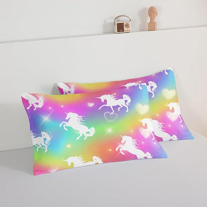 HOSIMA Unicorn Bedding 3pcs Rainbow Comforter Set with 2 Pillowcases,Sparkle Stars King Size Comforter Set for Adults Teen Girls,Cute Rainbow Unicorn Comforter Princess Toddler Bedding Set.