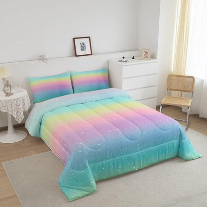 Erosebridal Rainbow Bedding Comforter Sets Full Size Tie Dye Galaxy Comforter Set for Boys Girls Kids Bedroom, Glitter Starry Bedding Pastel Ombre Sparkle Quilt with 2 Pillowcases, Pink Blue Yellow