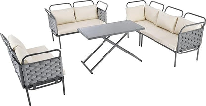 5-Piece Outdoor Furniture Sectional Conversation Sofa Set with Loveseat, Glass Table and Removable Cushions, All Weather Patio Woven Rope L-Shaped Couch for Garden Backyard, Gray+Beige