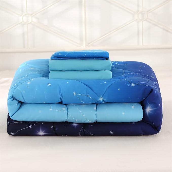 Wowelife Galaxy Comforter Set Queen 5 Pieces Glitter Bedding Set Blue 3D Stars Kids Bedding Set Bed in a Bag for Boys and Girls with Comforter, Flat Sheet, Fitted Sheet and 2 Pillowcases