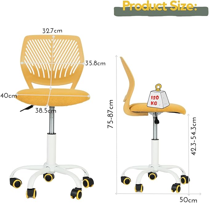 FurnitureR Writing Task Chair for Teens Boys Girls 360 Rolling Wheels Fabric Soft Pad Seat Breathable Backrest, Height Adjustable Liftup 29.5"-34.3", Lime Yellow