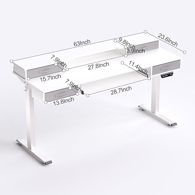 Electric Standing Desk, Multifunctional Standing Desk Adjustable Height, 63 * 24 Standing Desk with 4 Drawers, Ergonomic Adjustable Standing Desk with Keyboard Tray, Snow White