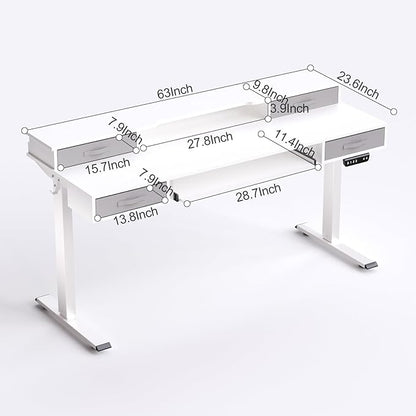 Electric Standing Desk, Multifunctional Standing Desk Adjustable Height, 63 * 24 Standing Desk with 4 Drawers, Ergonomic Adjustable Standing Desk with Keyboard Tray, Snow White
