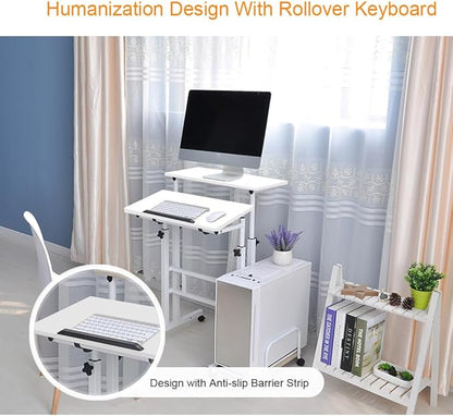 DlandHome Mobile Standing Desk Stand Up Desk Rolling Desk, Stand Sit Desk Mobile Computer Desk Adjustable Standing Desk 23.6inches Table Workstation Mobile Desk Cart Tray White