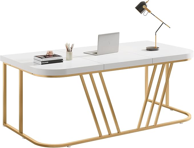 63 inches Executive Desk, Home Office Computer Desk, Modern Large Conference Table with Gold Metal Frame, Bussiness Furniture for Work Writing