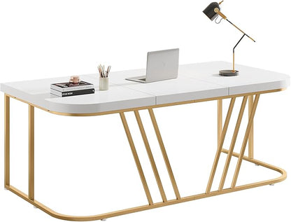 63 inches Executive Desk, Home Office Computer Desk, Modern Large Conference Table with Gold Metal Frame, Bussiness Furniture for Work Writing