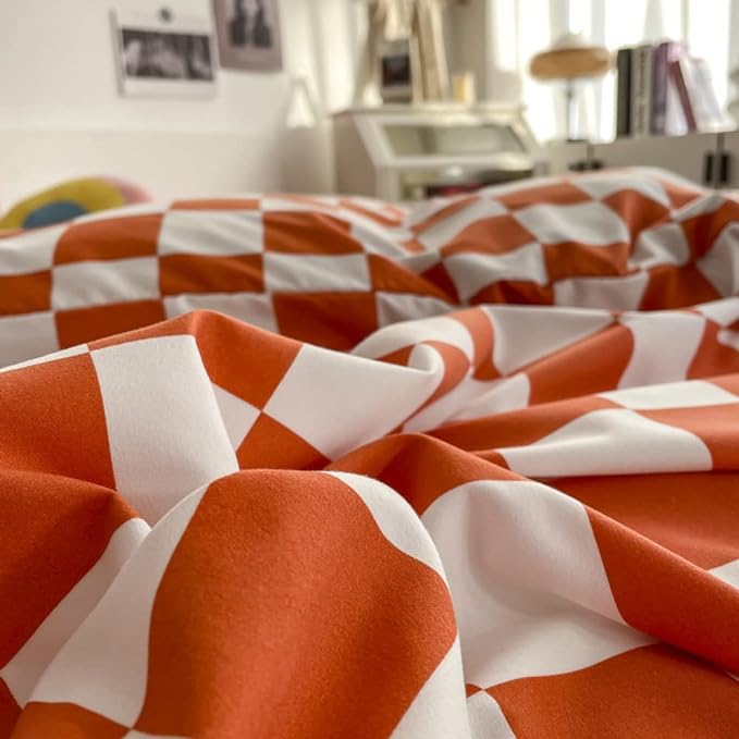 Wellboo Orange White Plaid Comforter Sets Full Women Girls Light Red Checkerboard Bedding Comforters Cotton Rust Caramel and White Checkered Geometric Quilts Adults Modern Grid Abstract Simple Bed