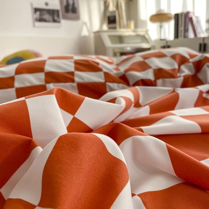 Wellboo Orange White Plaid Comforter Sets Twin Women Girls Light Red Checkerboard Bedding Comforters Cotton Rust Caramel and White Checkered Geometric Quilts Adults Modern Grid Abstract Simple Bed