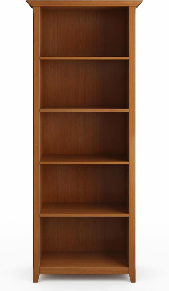 SIMPLIHOME Amherst SOLID WOOD 30 Inch Transitional 5 Shelf Bookcase in Light Golden Brown, For the Living Room, Study Room and Office