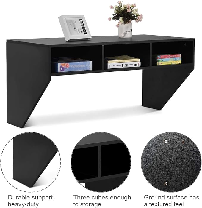 Computer Floating, Home Office Working, 42.5” Laptop Table Writing w/Storage Shelves, Modern Console Media Cabinet Wall Mounted Desk Hutch, Black