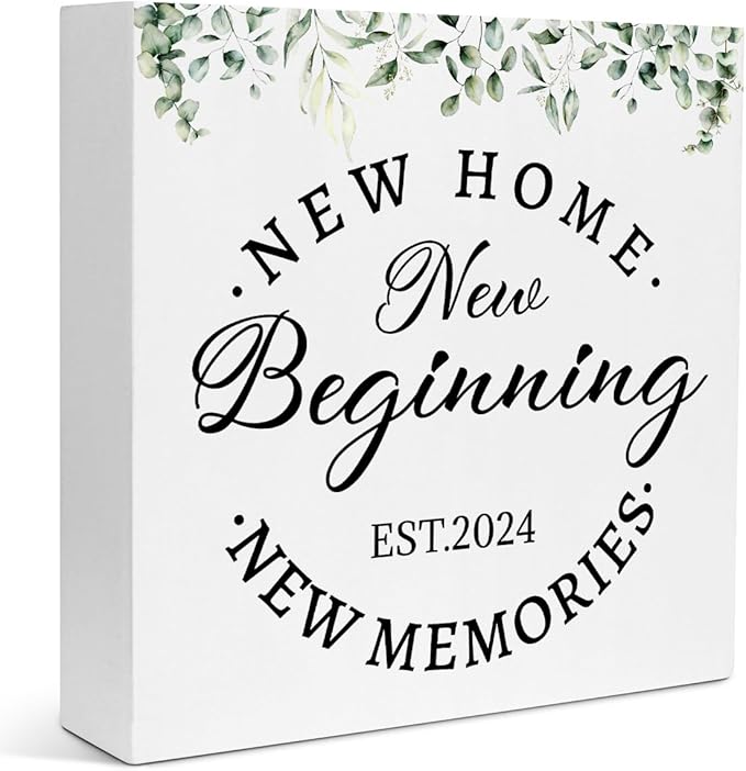 Creoate Housewarming Gifts New Home Decor New Home New Memories Wooden Box Sign Rustic Housewarming White Block Sign Home Décor Accents Living Room Shelf Desk Decoration 5.9 x 5.9 Inches Gift (White)