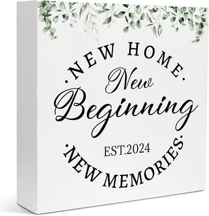 Creoate Housewarming Gifts New Home Decor New Home New Memories Wooden Box Sign Rustic Housewarming White Block Sign Home Décor Accents Living Room Shelf Desk Decoration 5.9 x 5.9 Inches Gift (White)