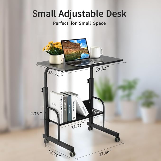 SIDUCAL Rolling Laptop Cart, Portable Laptop Desk, Computer Desk on Wheels Adjustable Height, Mobile Laptop Desk, Rolling Computer Cart, Rolling TV Cart, Small Portable Desk for Laptop, 23.6'' Black