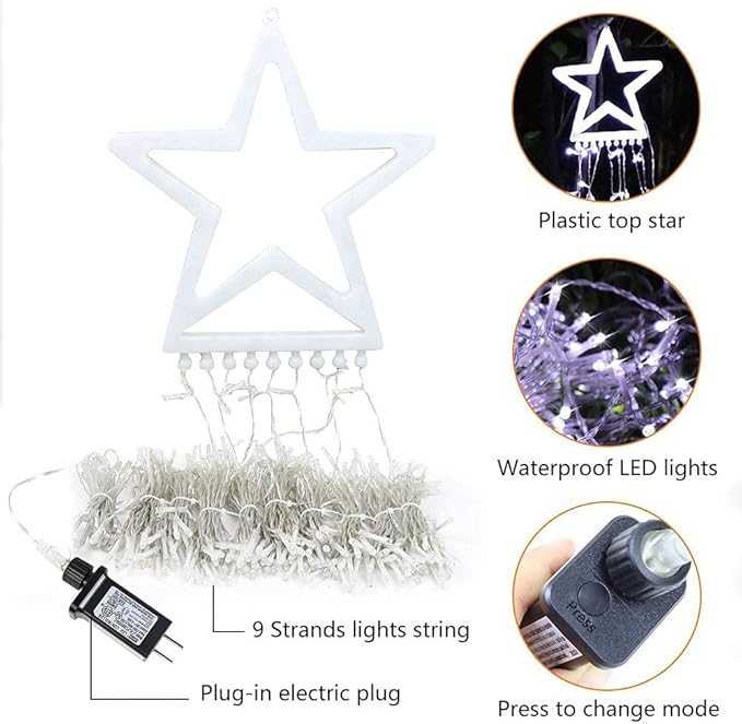 PUHONG Christmas Decoration Outdoor Star String Lights,16.4Ft Christmas Tree Toppers Lights 320 LED 8 Memory Modes with 14" Lighted Star for Halloween Christmas New Year Holiday Birthday(White)