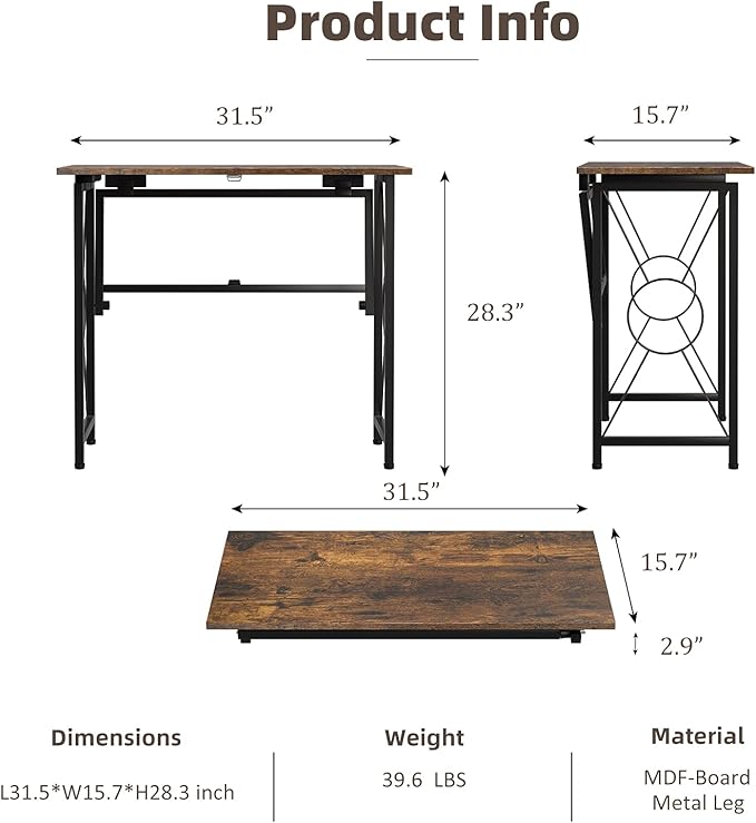 31.5" Computer Desk for Small Place, Foldable Desk Home Office Desk, Black Metal Frame, Modern Industrial Style Study Writing Table, No Assembly Required, Rustic Brown