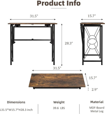 31.5" Computer Desk for Small Place, Foldable Desk Home Office Desk, Black Metal Frame, Modern Industrial Style Study Writing Table, No Assembly Required, Rustic Brown