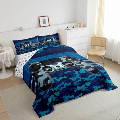 Feelyou Gamer Comforter Set Camouflage Gaming Video Game Bedding Set for Kids Boys Blue Camo Gamer Console Comforter Soft Gamepad Decor Quilt King Size Boys
