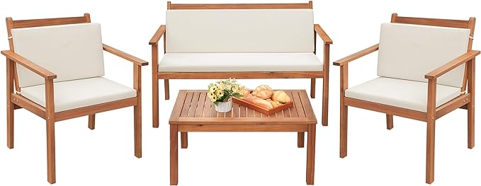 Greesum 4 Piece Bistro Patio Furniture Outdoor Chat Chair Set with Water Resistant Cushions and Coffee Table for Beach Backyard Garden, Acacia Wood