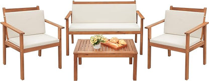 Greesum 4 Piece Bistro Patio Furniture Outdoor Chat Chair Set with Water Resistant Cushions and Coffee Table for Beach Backyard Garden, Acacia Wood