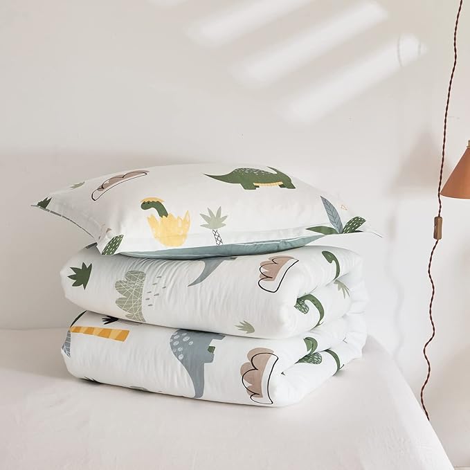 Joyreap Dinosaur Kids Cotton Comforter Set for Boys Girls, Twin Size 3pcs Cotton Bedding Comforter, Fresh Green Dinosaurs on White Design, Skin-friendly Breathable for All Season- 68x88 inches