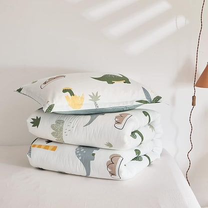 Joyreap Dinosaur Kids Cotton Comforter Set for Boys Girls, Twin Size 3pcs Cotton Bedding Comforter, Fresh Green Dinosaurs on White Design, Skin-friendly Breathable for All Season- 68x88 inches