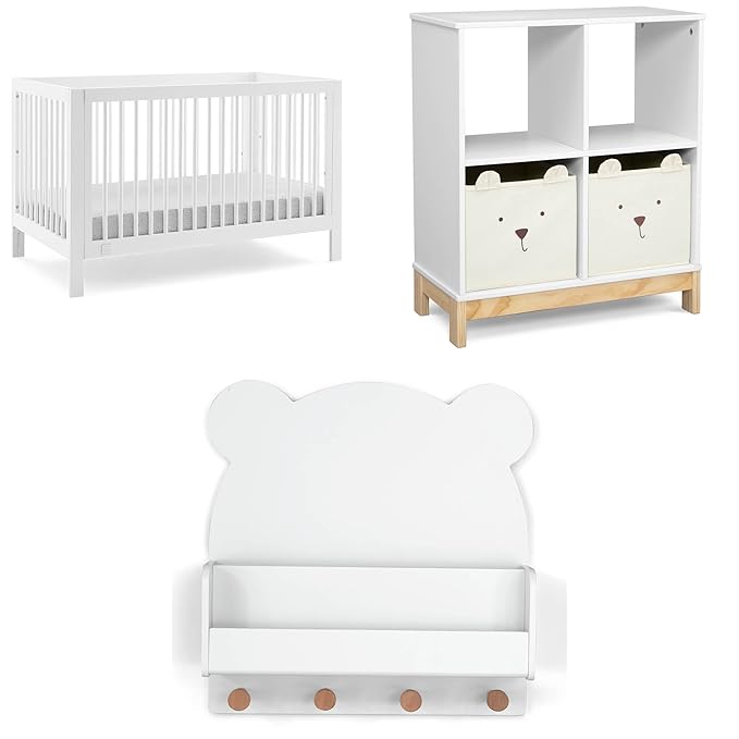 Delta Children babyGap Charlie 6-in-1 Convertible Crib + Brannan Bear Bookcase with Bins + Brannan Bear Wall Shelf with 4 Hooks, Bianca White (Bundle)