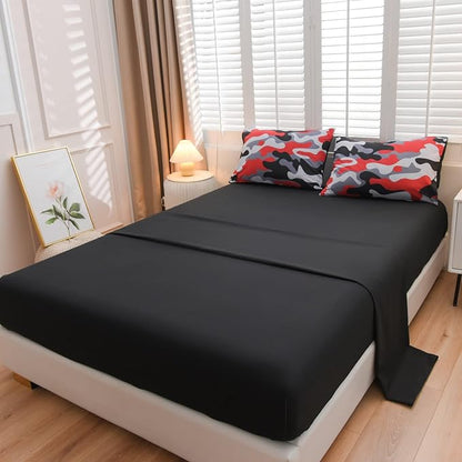 Meeting Story Camouflage Bedding Set, Colorful Pattern Style Comforter Set, 5 PCS One Comforter Two Pillowcases Two Sheets in One Bag, All Season Bedspread for Teens Adults (Red-Black, Full 5Pcs)