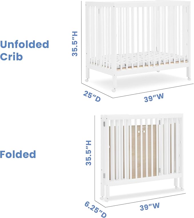 Delta Children Mia Portable Folding Mini Crib with 1.5-Inch Mattress - Greenguard Gold Certified, Bianca White