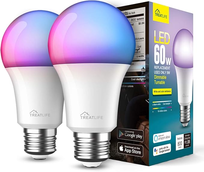 Treatlife Smart Light Bulb, Dimmable Multicolor and White LED Bulb, Compatible with Alexa, Google Assistant, A19 E26 8W (60W Equivalent), No Hub Required, 2 Pack