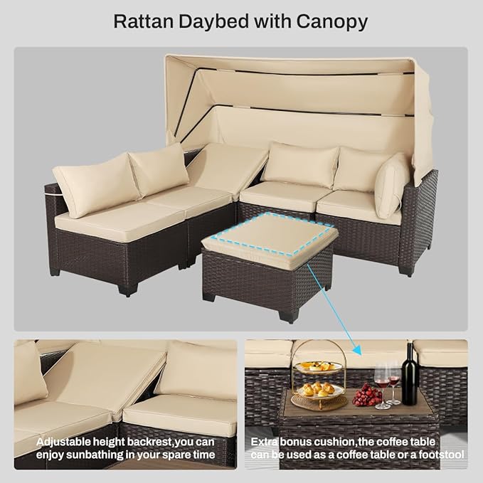 6 PCS Outdoor Patio Furniture Set,Sectional Sofa Set,Rattan Daybed with Retractable Canopy,Adjustable Backrest,Storage Coffee Table for Porch Garden Poolside Backyard(Khaki)