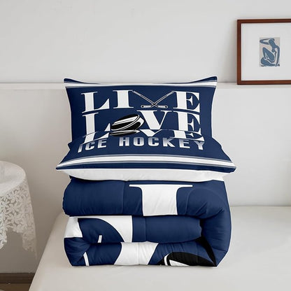 Feelyou Ice Hockey Bedding Set Queen Size Ice Sports Games Comforter Set for Kids Boys Girls Decor Hockey Player Comforter Microfiber Puck Hockey Duvet Set Bedroom Quilt Set