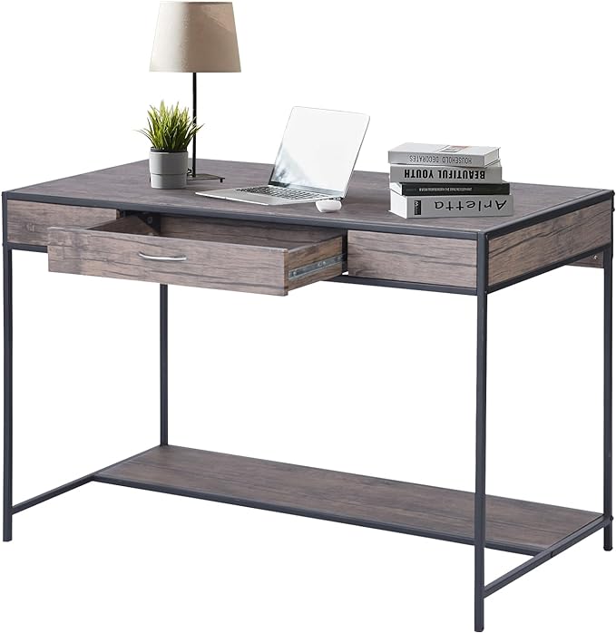 FurnitureR Vintage Wooden Computer Desk with Drawer, 43 Inches Industrial Writing Desk Workstation with Metal Legs and Bottom Shelf for Home Office, Brown