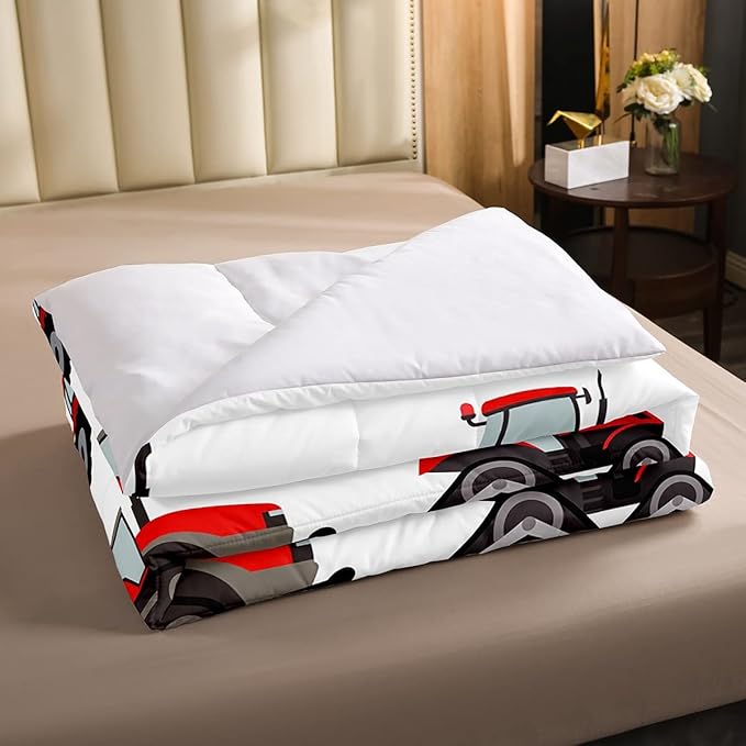 Erosebridal Red Tractor Comforter Set Heavy Equipment Truck Bedding Set for Kids Boys Girls Harvester Tractor Duvet Set Twin Size Farm Equipment Quilt Set Bedroom Collection 2Pcs Room Decor