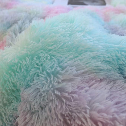 Faux Fur Kids Girls Rainbow Comforter Sets King - 3PC Bed Set Warm Comfortable Soft Plush Flannel Velvet Fluffy Fuzzy Bedding（Comforter x 1 Pillowcases x 2）