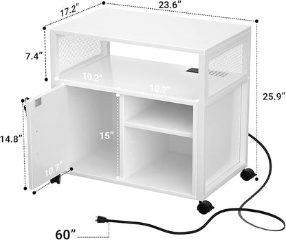 Unikito Rolling File Cabinet Lateral Office Filing Cabinets with Socket and USB Charging Port, Modern Printer Stand on Wheels, Printer Cabinet with Door and Open Storage, Lockable, White