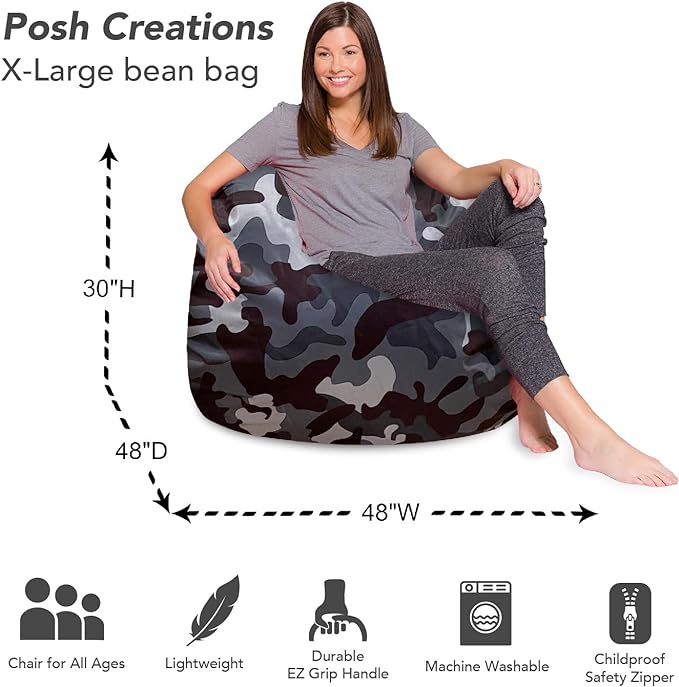 Posh Creations Bean Bag Chair for Kids, Teens, and Adults Includes Removable and Machine Washable Cover, Soft Nylon - Camo Dark and Black Gray, 48in - X-Large