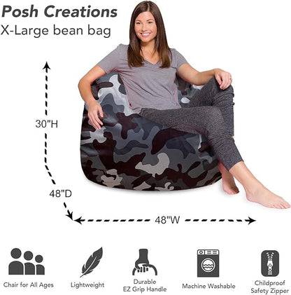 Posh Creations Bean Bag Chair for Kids, Teens, and Adults Includes Removable and Machine Washable Cover, Soft Nylon - Camo Dark and Black Gray, 48in - X-Large