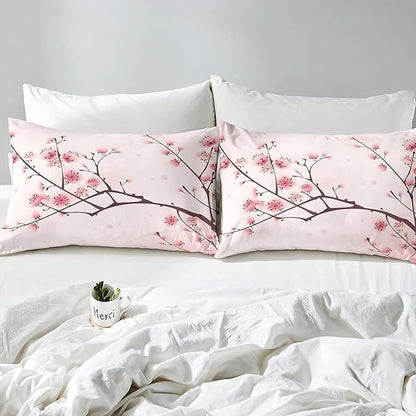 Erosebridal Cherry Blossoms Comforter Set King, Girl Pink Floral Down Comforter, Japanese Spring Bedding Set, Pale Pink Blossom Petal Quilted Duvet,Branch Floral Duvet Set for Women men,Girly Romantic